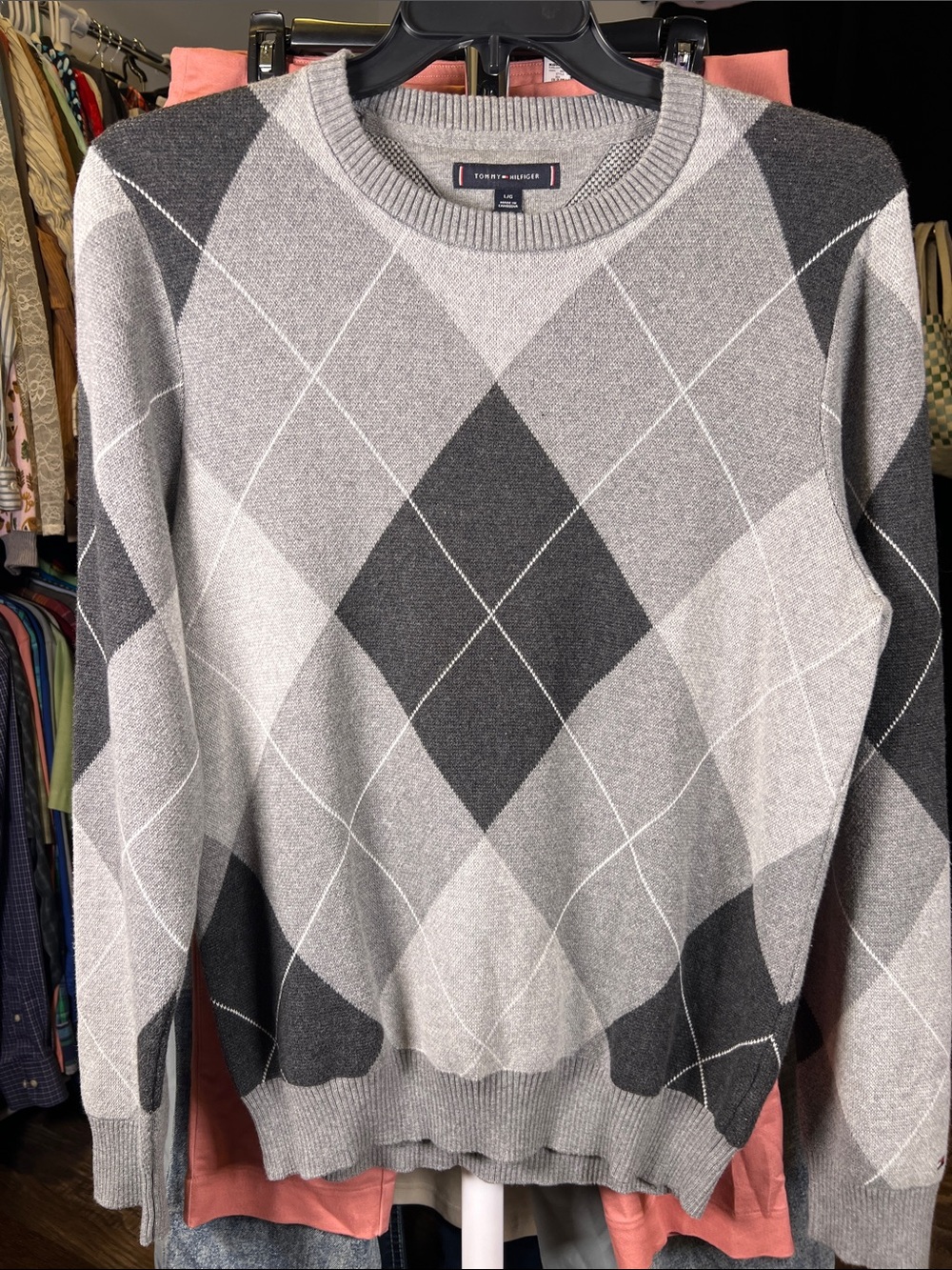 Tommy Hilfiger Gray and Charcoal Argyle Crewneck Sweater